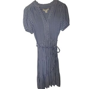 Monteau Blue and White Striped Short Puff Sleeve Dress S
